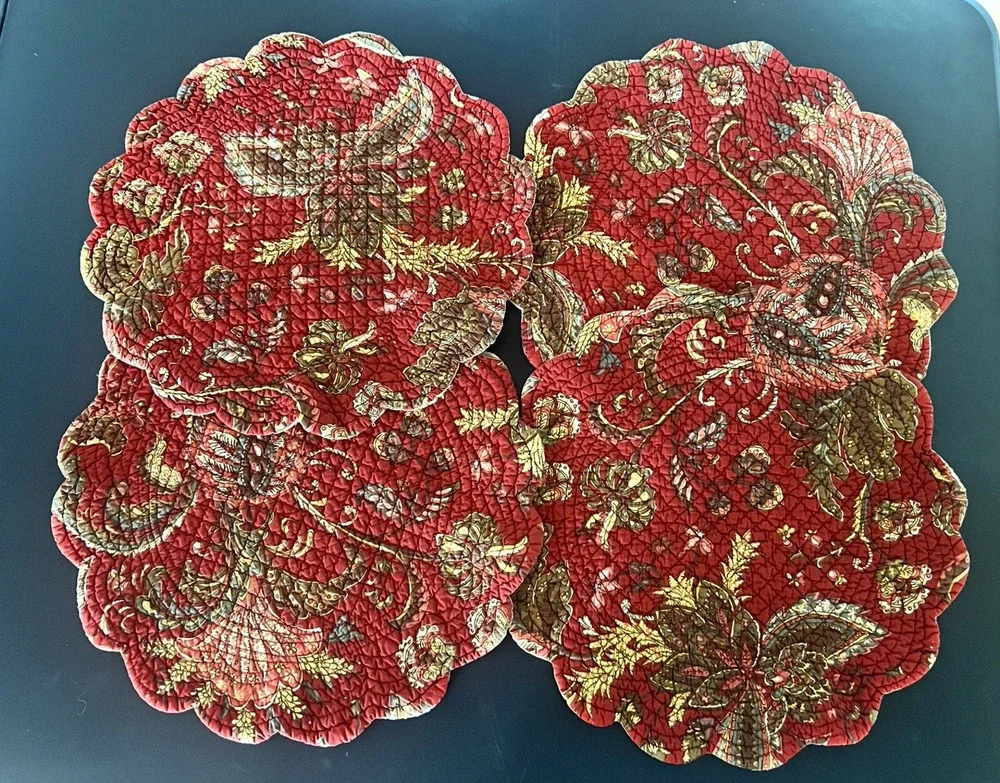 C&F Home Round Quilted Reversible Scalloped Placemats Floral Red Set of 4 ESTATE